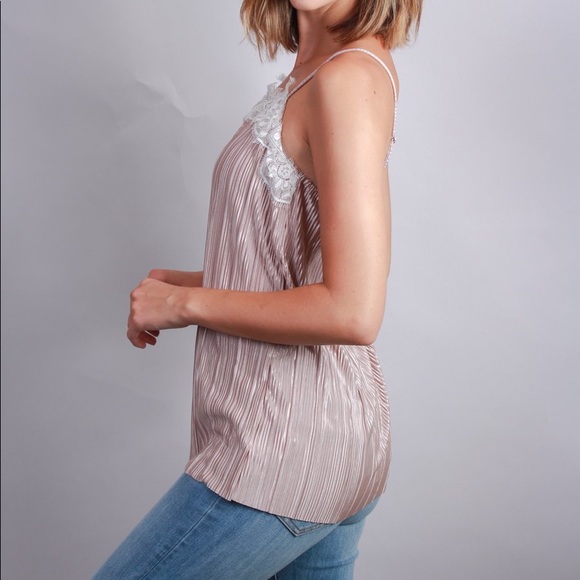 Lace Trim Taupe Cami Tank Top Blouse - Picture 2 of 2